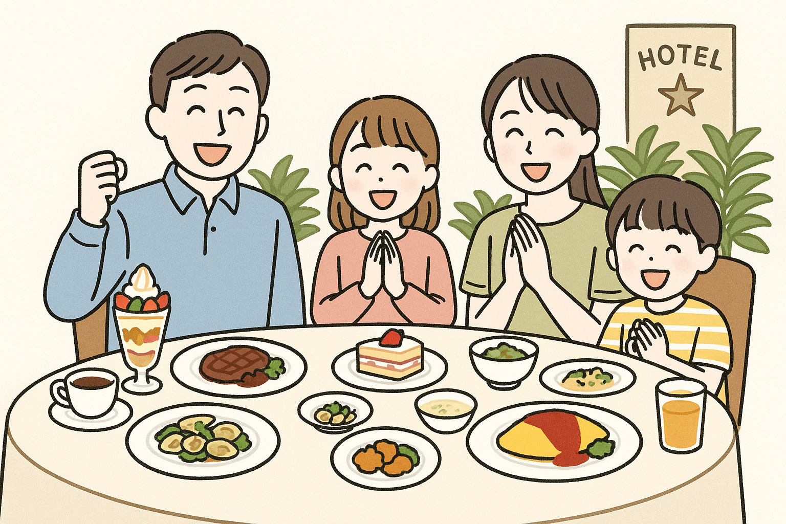 ホテルでランチを食べている家族
